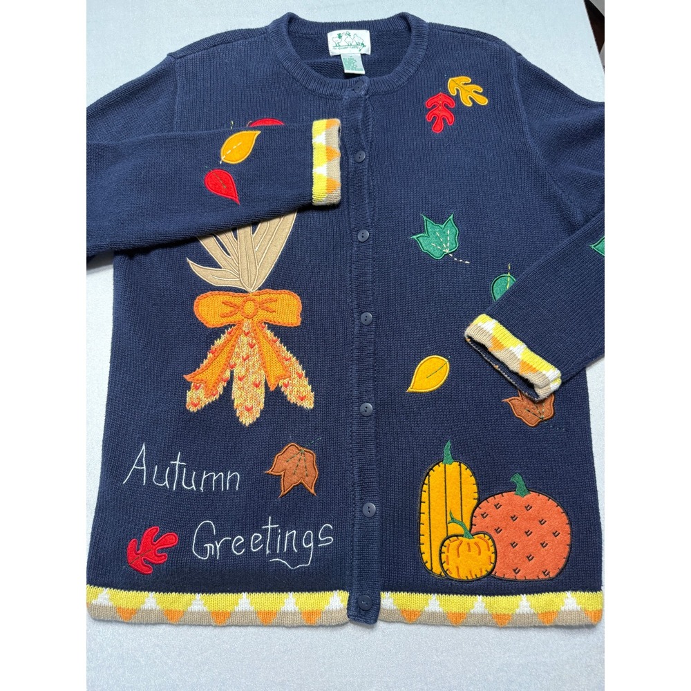 Quacker Factory Women M Navy Blue Autumn Greetings Pumpkin Leaf Cardigan Sweater